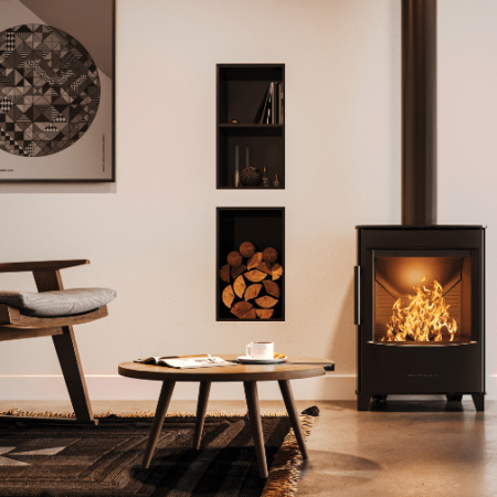 Poele bois mini 2 pieds petits dans salon