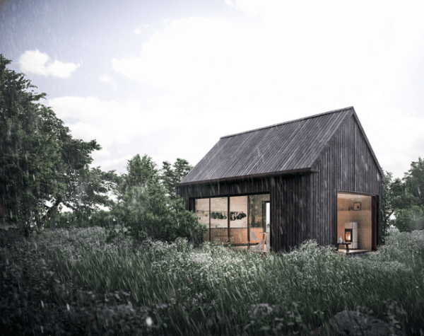 poele curve dans maison en bois